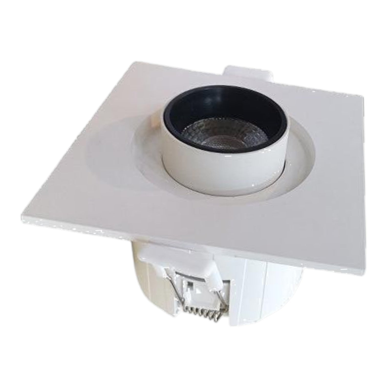A square white recessed light fixture with a circular black inner trim and a white metal reflector, shown on a plain white background.