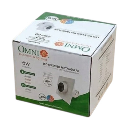 OMNI Electrical & Lighting 6W LED recessed rectangular light box in its original white and green retail packaging, shown on a plain white background.