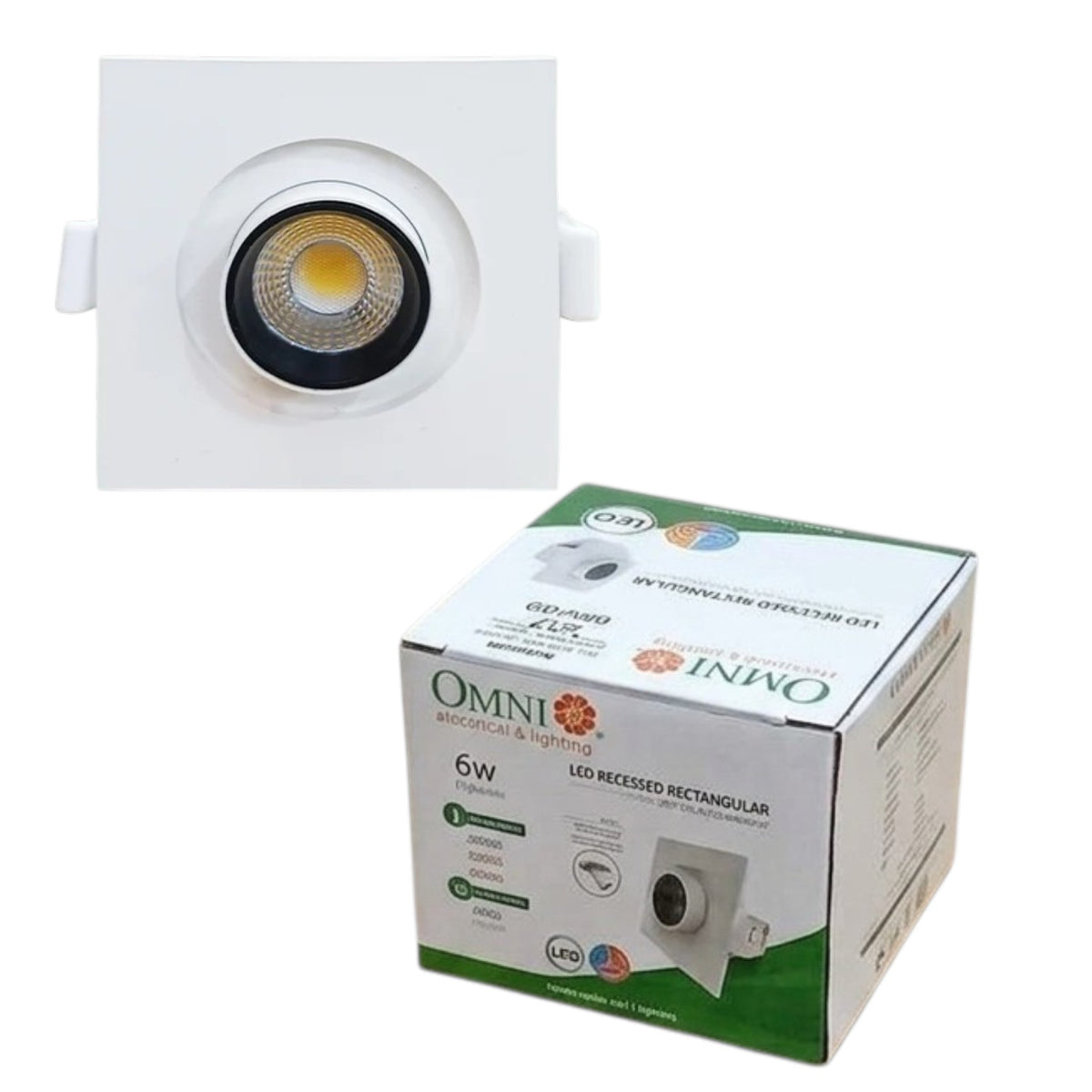 A white recessed LED ceiling light shown from the front above its retail packaging box, on a plain white background.