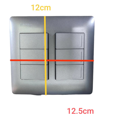 A square metallic wall switch plate with four rectangular switch modules, overlaid with dimension lines and text showing 12cm width, 12.5cm height, and a vertical 12cm marker on a plain white background.