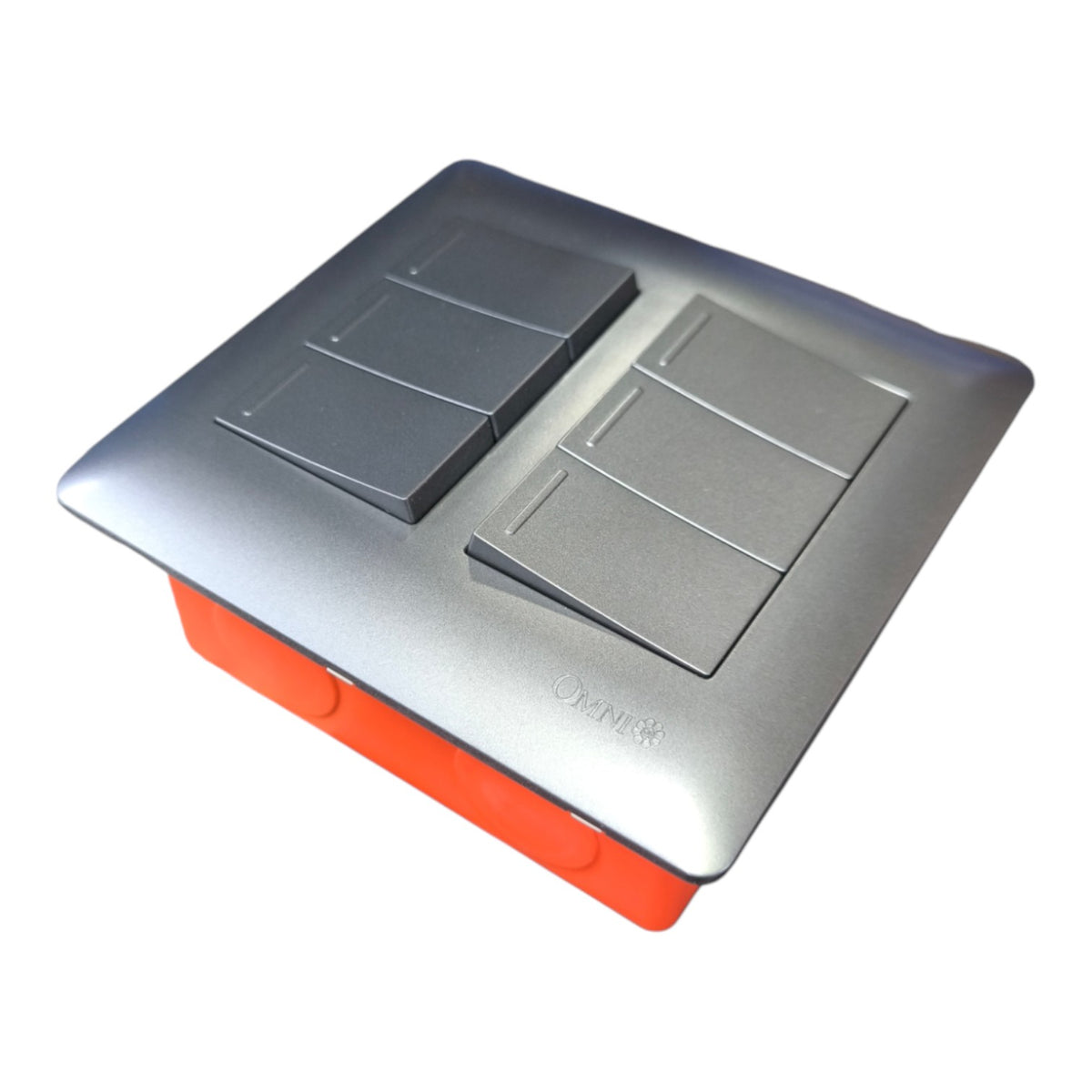 A modern square dual switch plate with a brushed silver metal top and a bright orange base, shown on a plain white background.