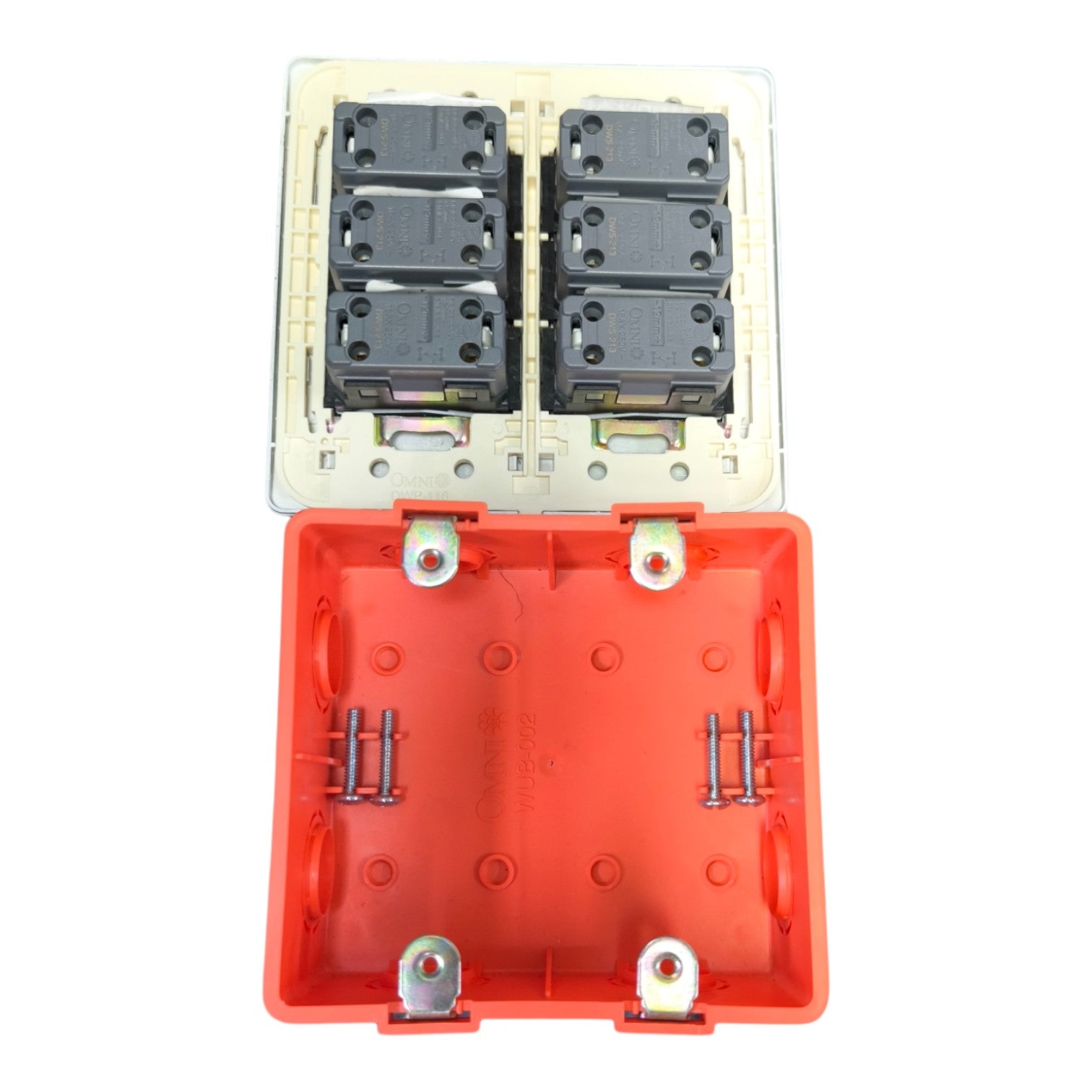 An electrical junction box or terminal block with a clear upper cover showing six black terminal connectors, and a bright orange-red lower housing with metal screw terminals visible.