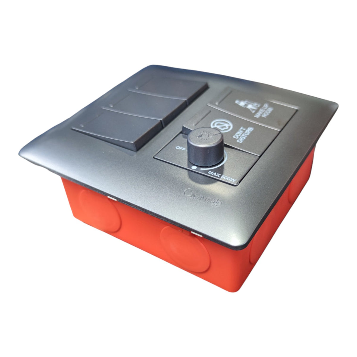 A marine electrical switchboard box with a gray top cover featuring toggle switches and a rotary dial, mounted on a bright orange-red plastic base.