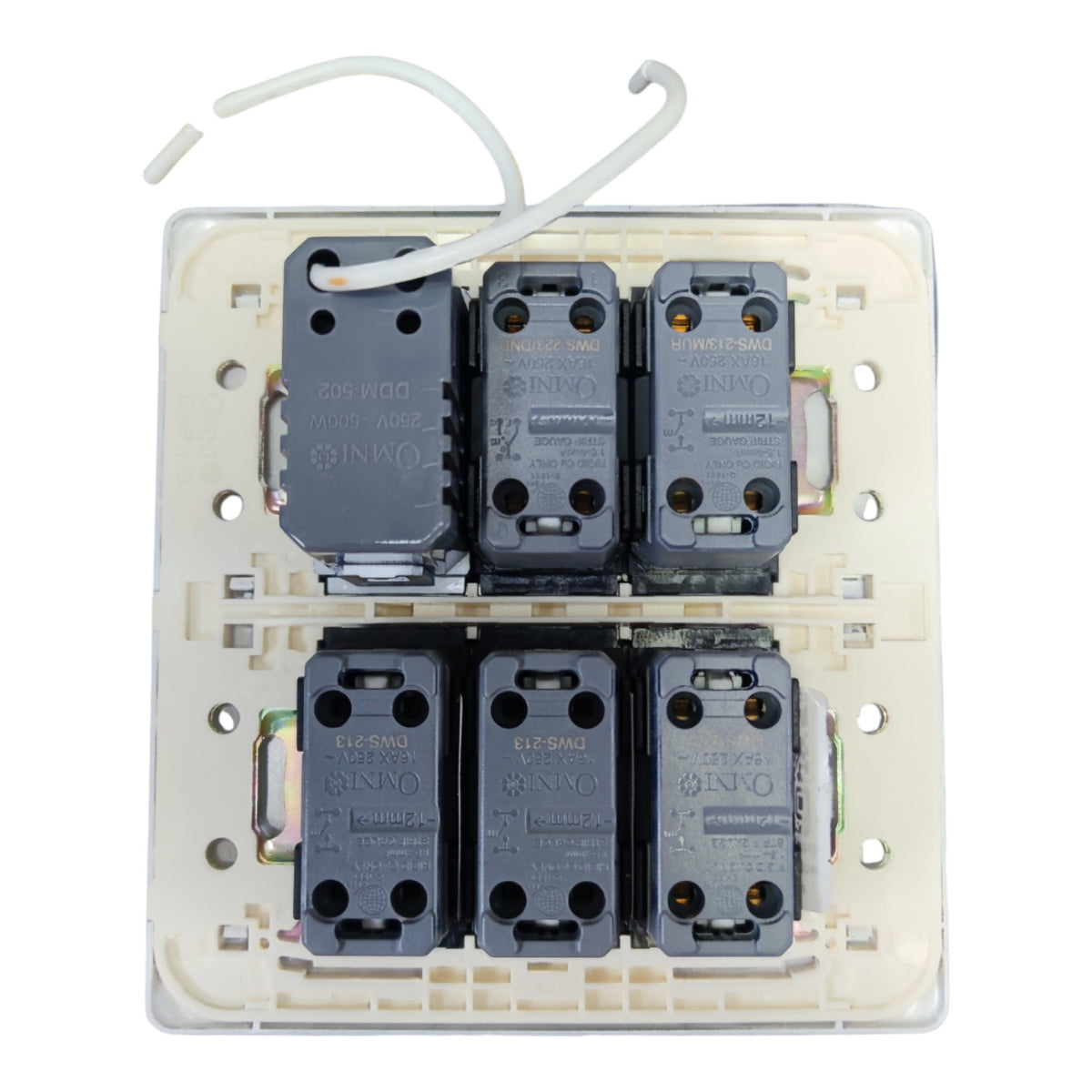 An INVO 6-way 3-node smart lighting control module with six gray smart relays arranged in two rows of three inside a cream-colored plastic backplate, with a white zip tie attached at the top, shown on a white background.