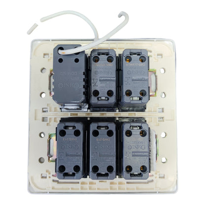 An INVO 6-way 3-node smart lighting control module with six gray smart relays arranged in two rows of three inside a cream-colored plastic backplate, with a white zip tie attached at the top, shown on a white background.