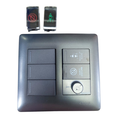 A dark gray automotive-style control panel with multiple buttons and two small indicator lights above it, photographed on a plain white background.