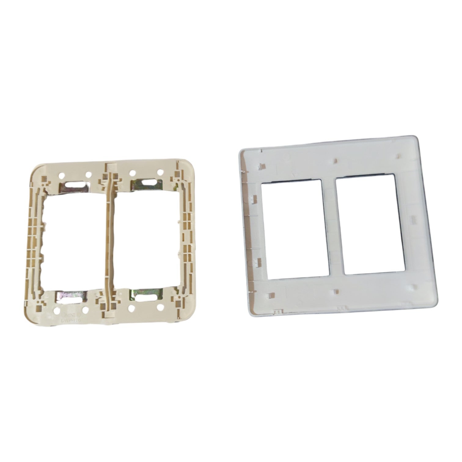 Two plastic double-gang wall switch panel frames shown on a plain white background, one in beige and one in white.
