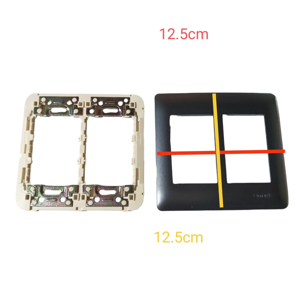 Two electrical wall switch sockets shown on a white background with red and yellow dimension lines and text indicating 12.5cm width.