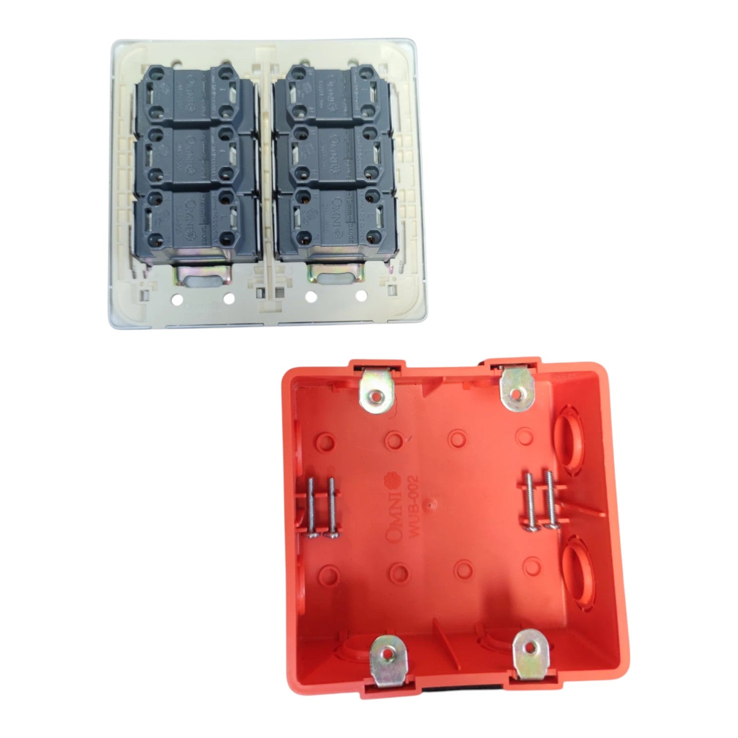 Two-part electrical junction box components on a white background, showing the top cover with two black screw terminals and the red-orange bottom enclosure with metal mounting screws.