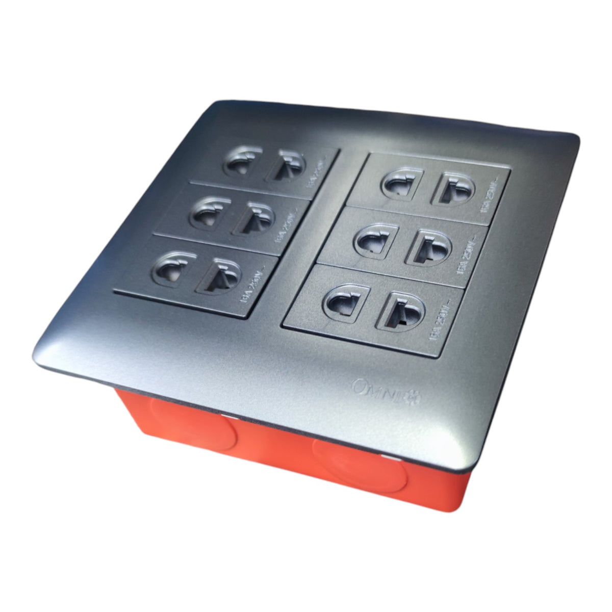 A square wall-mounted multi-outlet power strip with a metallic silver top plate and a red base, shown on a plain white background.