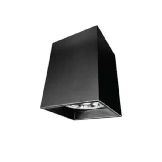 A modern black geometric wall or ceiling light fixture with a tapered rectangular design and a visible silver reflective interior, shown against a plain white background.