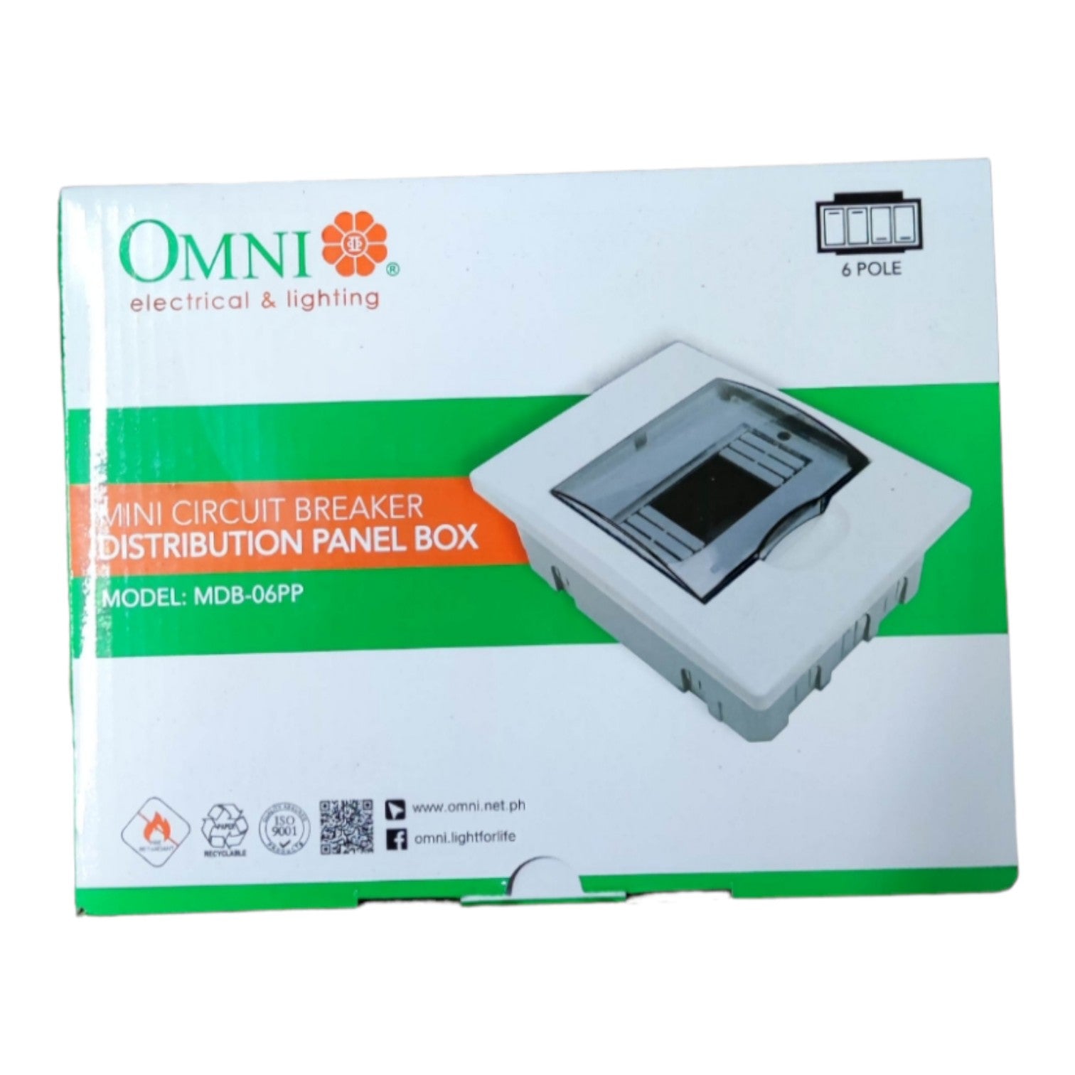 OMNI Electrical & Lighting mini circuit breaker distribution panel box, model MDB-06PP, shown in its retail packaging on a white background.