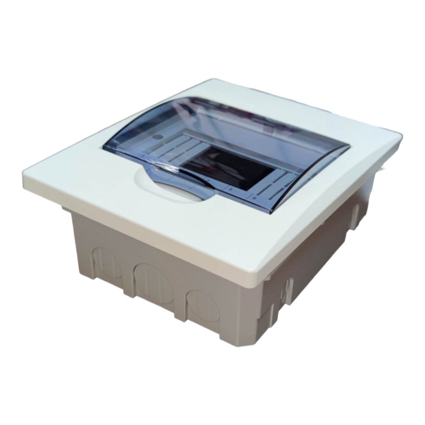 A square plastic electrical junction box with a white top cover, a translucent dark blue protective lid, and a gray plastic base, shown on a plain white background.