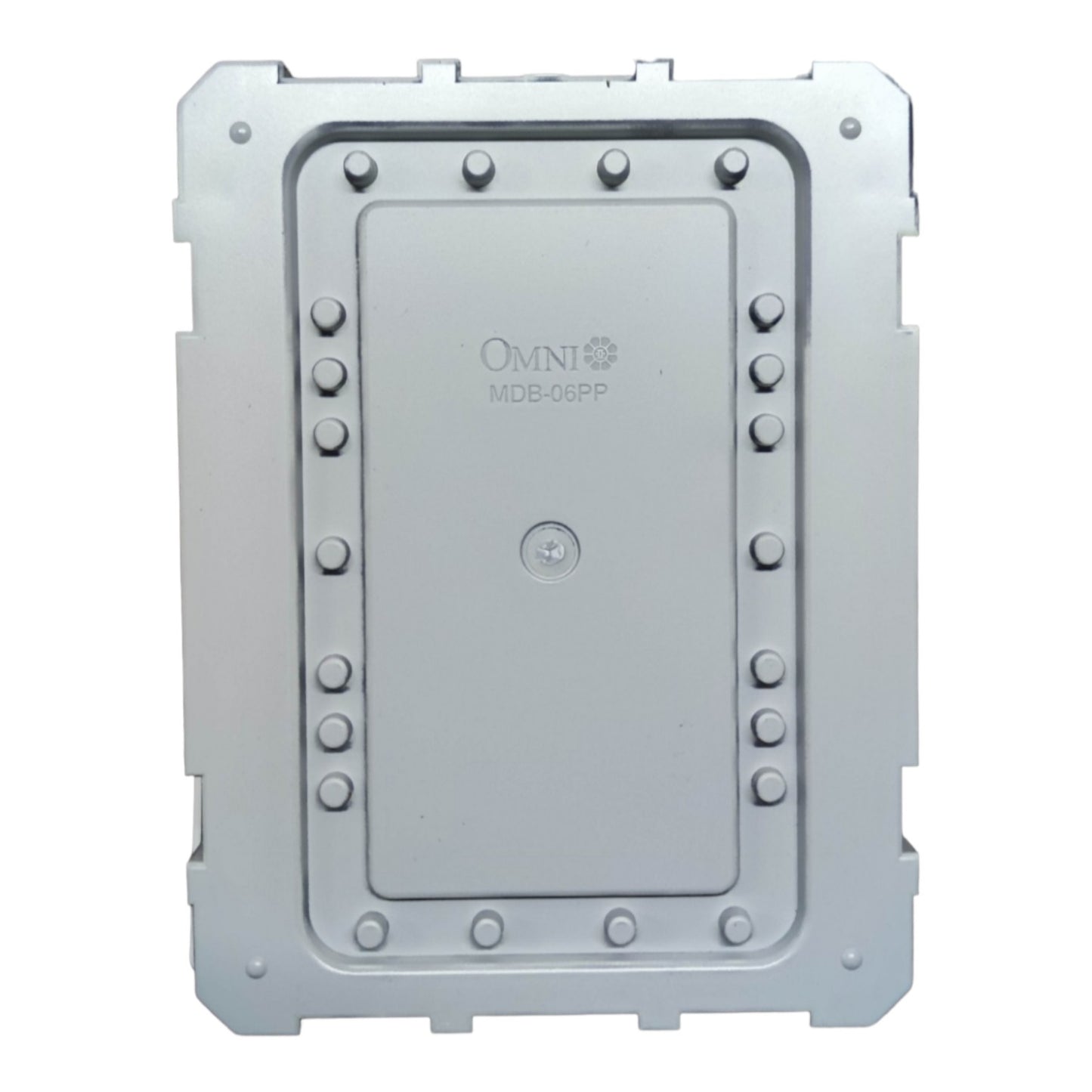 A silver-gray heavy-duty metal industrial enclosure or cabinet with a reinforced center door, pre-drilled mounting holes, and embossed 'OMNI' and 'MDB-06PP' branding on the front, isolated on a white background.