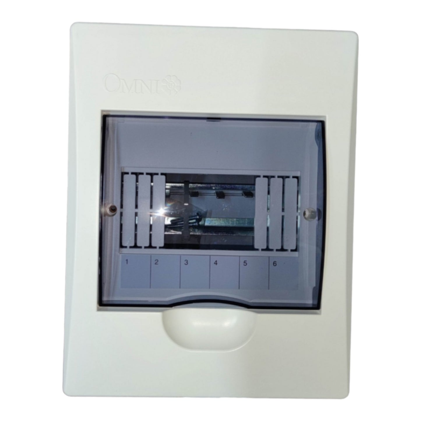 An Omne electrical distribution board cover with a white plastic outer frame and a translucent gray front panel showing the internal switch mechanism and six numbered compartments.