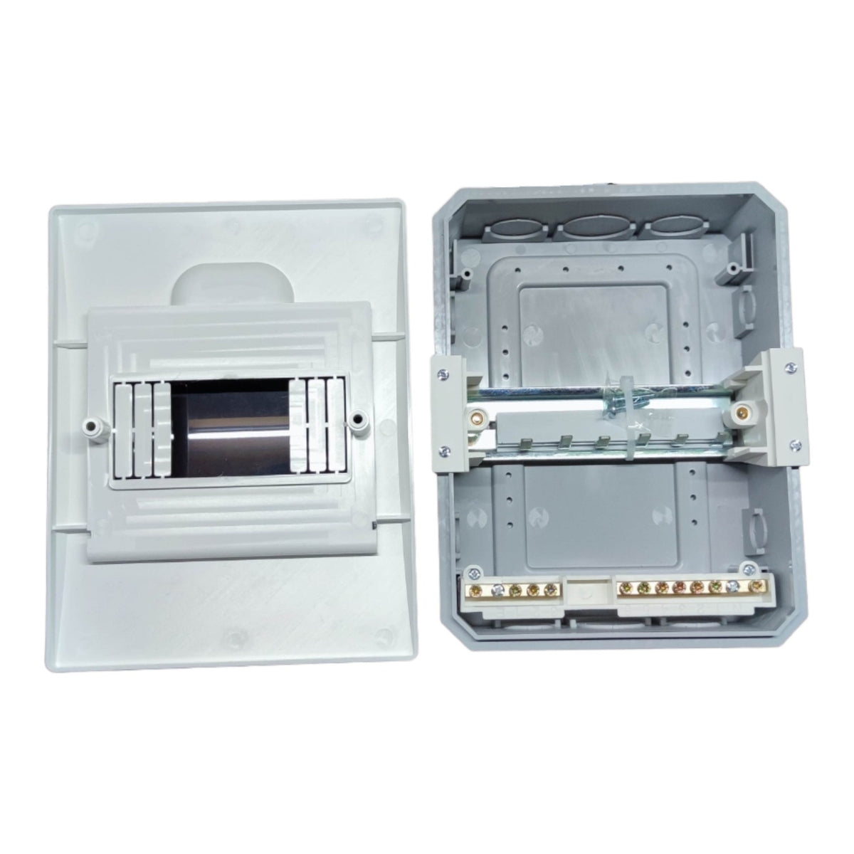 An electrical distribution board or switchgear enclosure shown in two views: one closed with a front panel and one open revealing internal metal busbars and terminal connections, on a plain white background.
