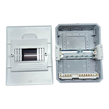 An electrical distribution board or switchgear enclosure shown in two views: one closed with a front panel and one open revealing internal metal busbars and terminal connections, on a plain white background.
