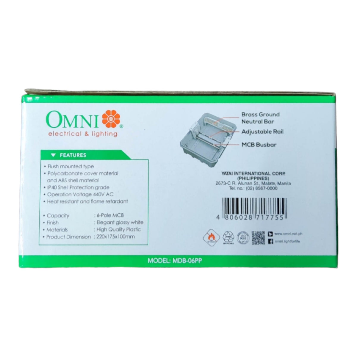 A green and white Omni Electrical & Lighting product box showing the back side with features, dimensions, a small product diagram, and a barcode.