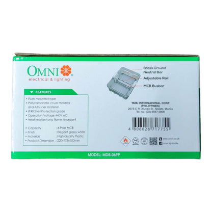 A green and white Omni Electrical & Lighting product box showing the back side with features, dimensions, a small product diagram, and a barcode.