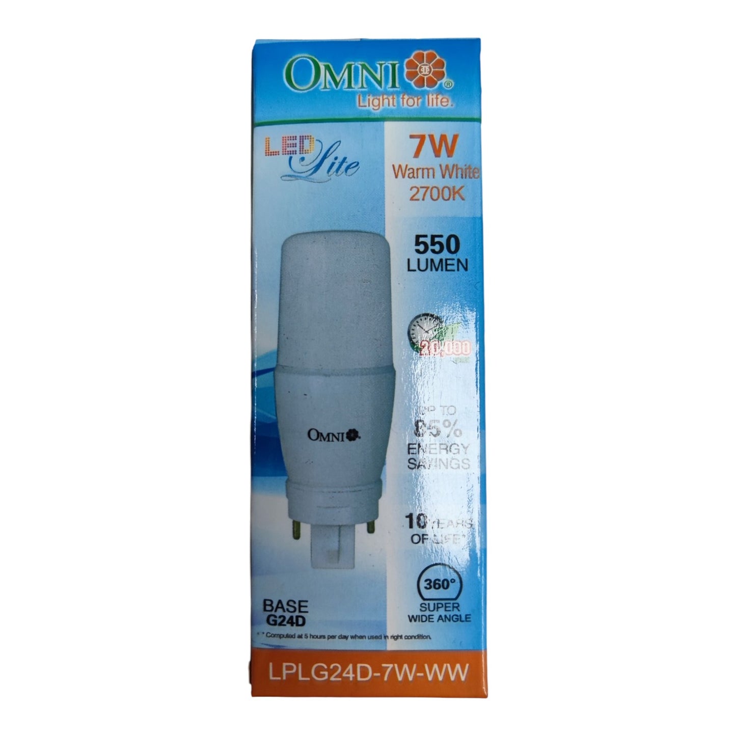 OMNI LED Life 7W warm white LED light bulb in its original retail packaging, featuring a blue and white box with an illustration of the G240 base bulb.
