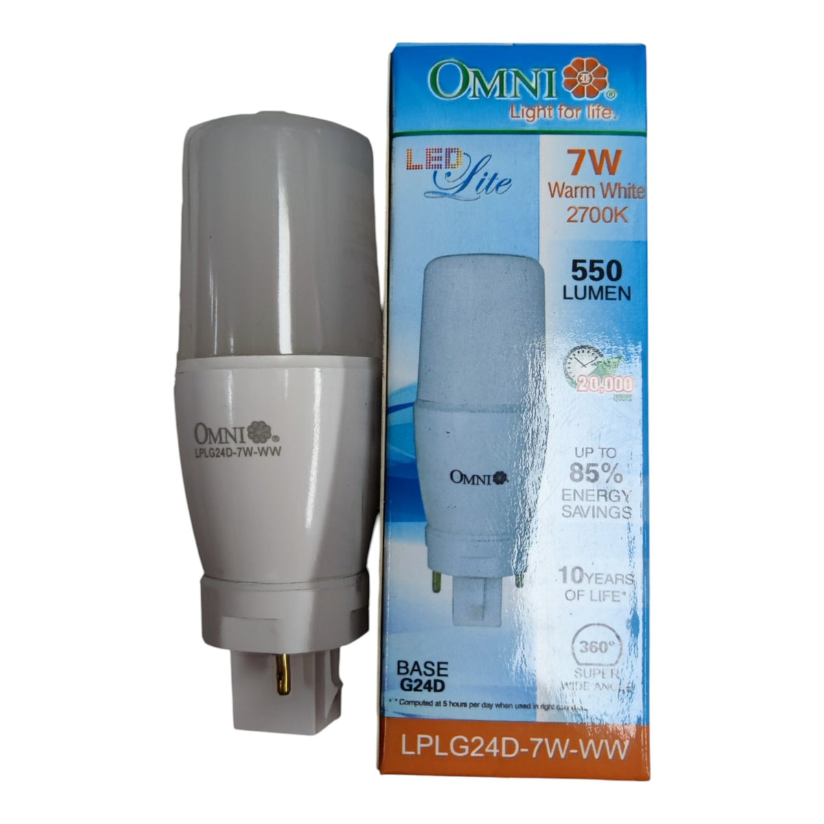 An Omni LED G20D 7W warm white light bulb next to its blue and white retail packaging box, displayed on a clean white background.
