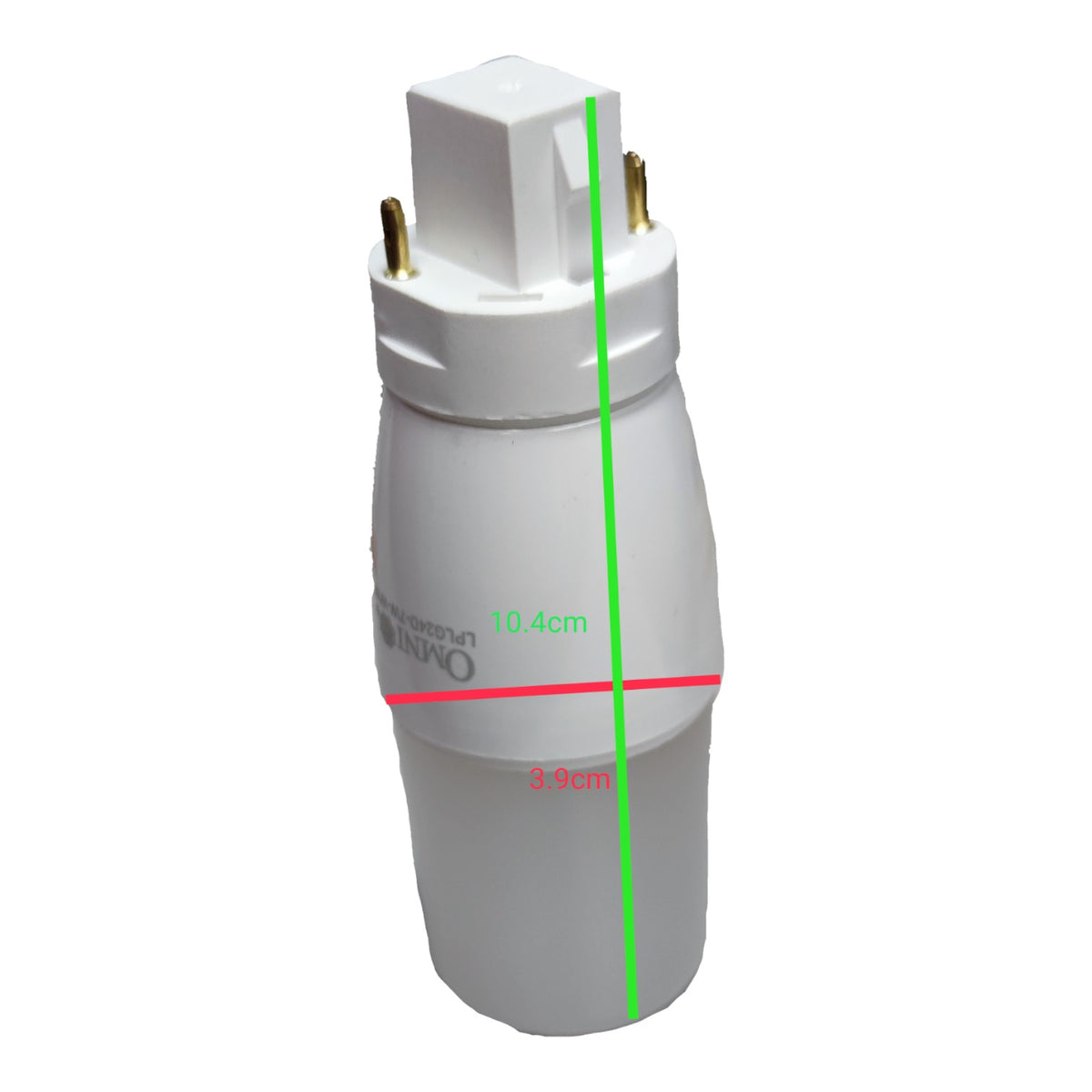 A white GU10 LED light bulb with dimension markings showing a height of 10.4cm and a base diameter of 6.