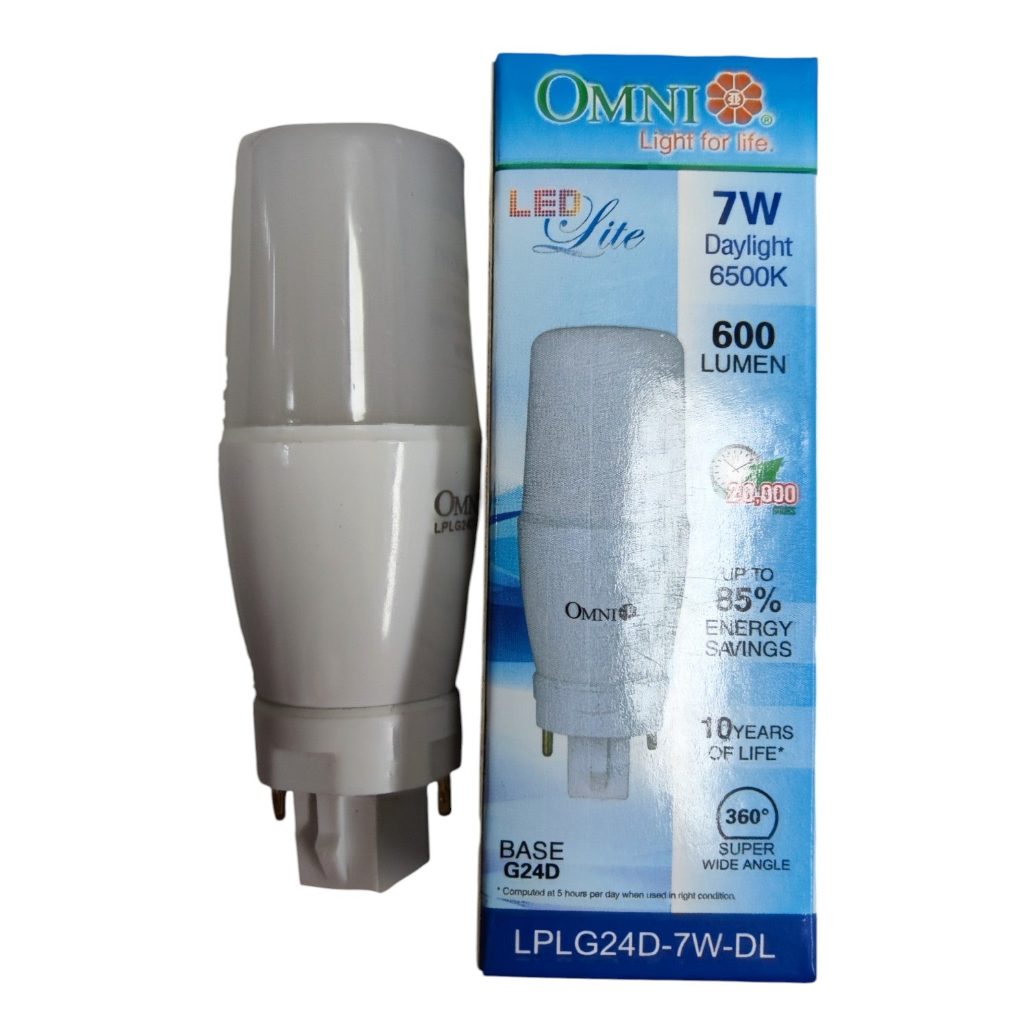 An Omni LED light bulb with a gray plastic body and a G24D base, shown next to its blue and white retail packaging box on a white background.