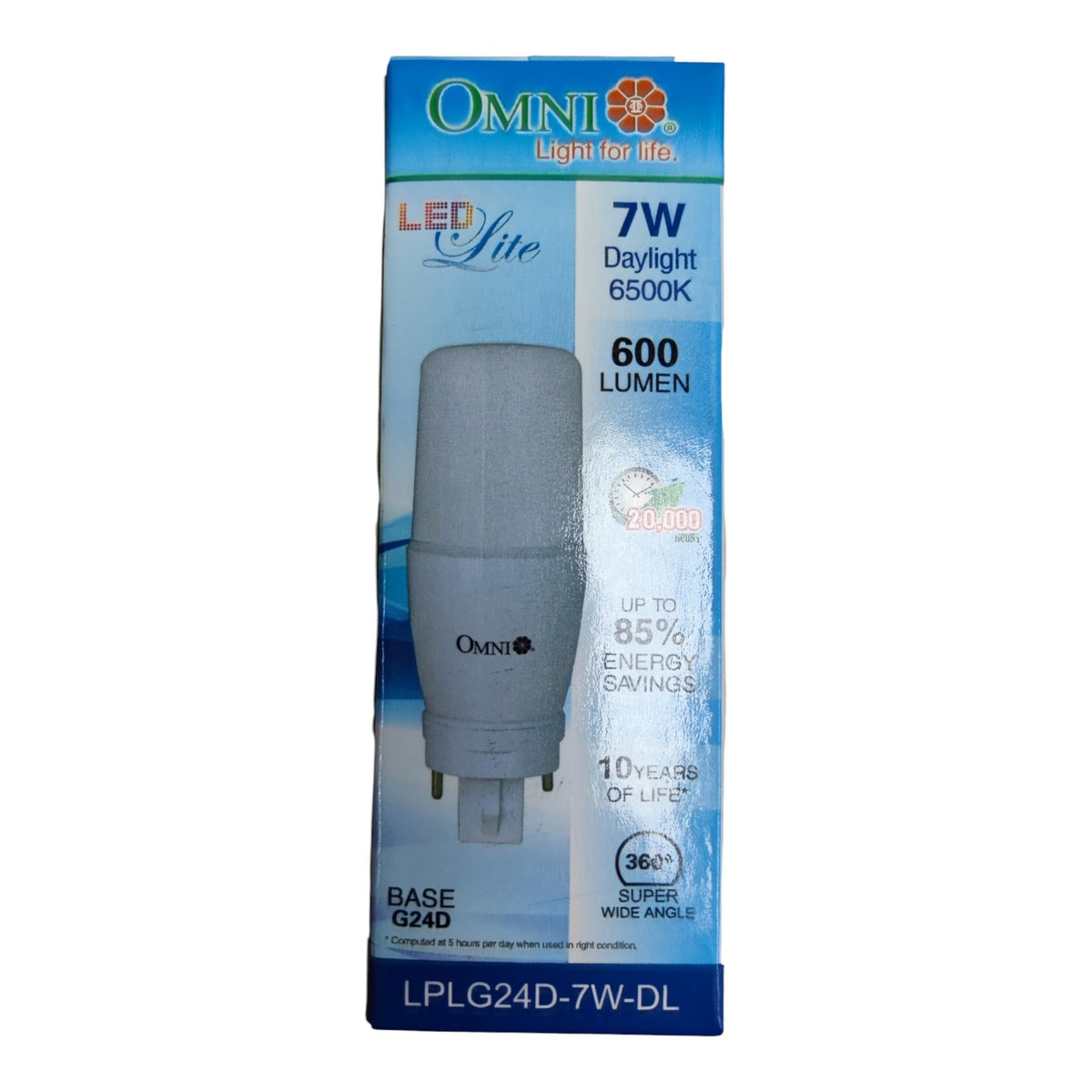 An Omni LED G24D 7W daylight LED bulb in its original blue and white retail packaging, showing the 600 lumen output and base type.