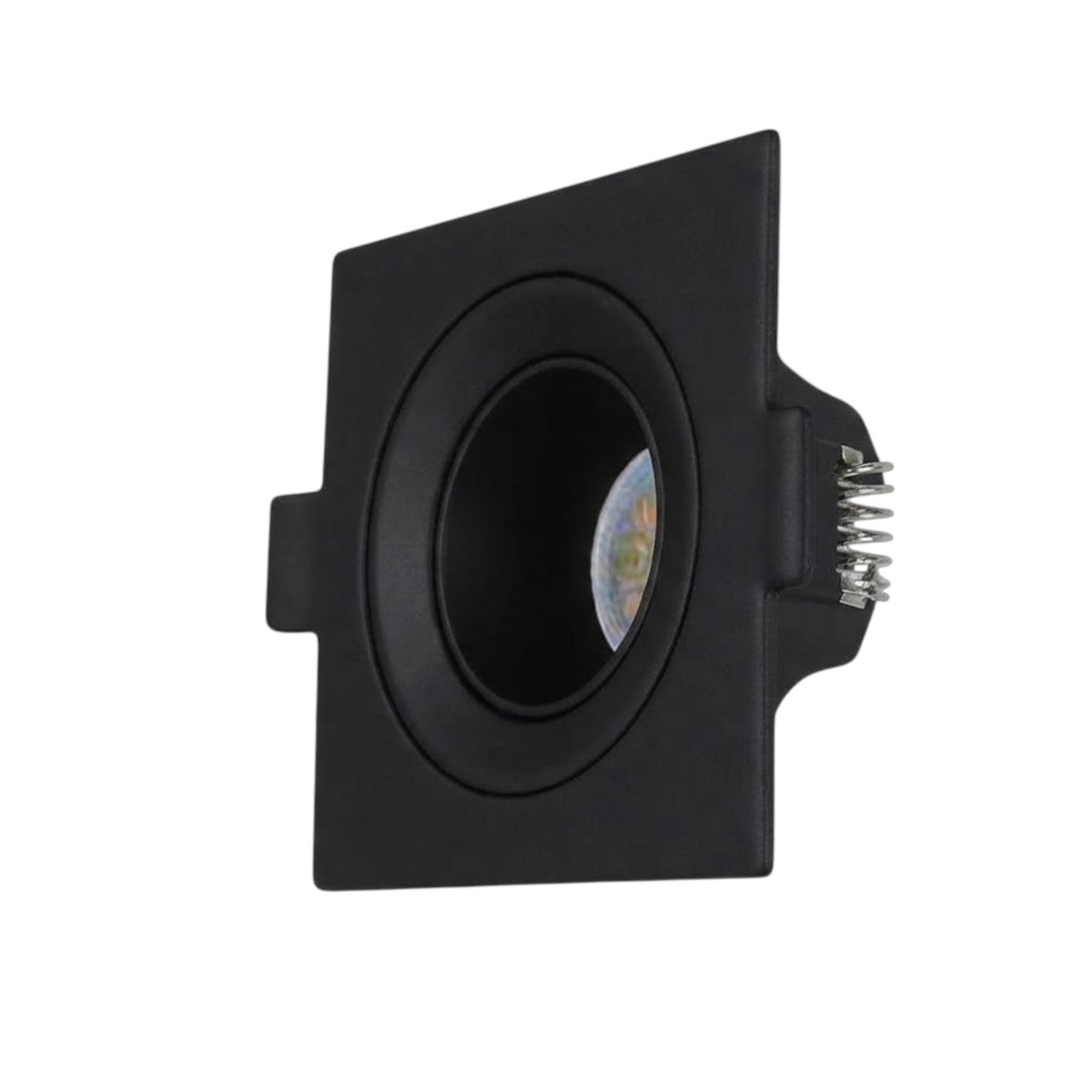 A square black recessed spotlight or LED downlight fixture with a circular opening, a side tab, and a metal terminal strip on the right, shown on a plain white background.