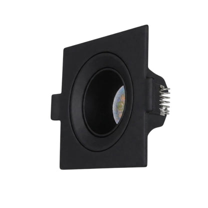 A square black recessed spotlight or LED downlight fixture with a circular opening, a side tab, and a metal terminal strip on the right, shown on a plain white background.