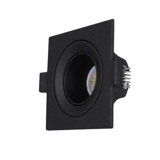 A square black recessed spotlight or LED downlight fixture with a circular opening, a side tab, and a metal terminal strip on the right, shown on a plain white background.
