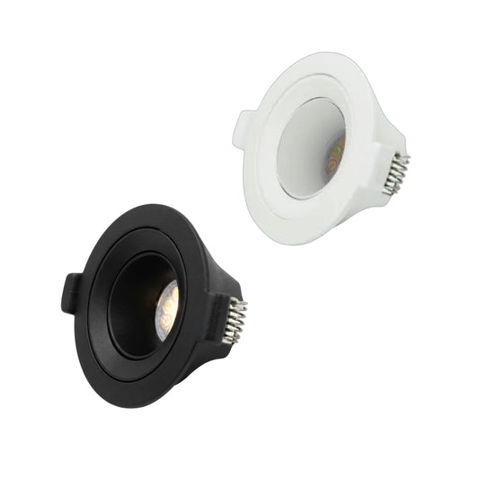 Two recessed LED downlights shown on a plain white background, one in matte black and one in matte white, both angled to show the side terminal and internal LED chip.