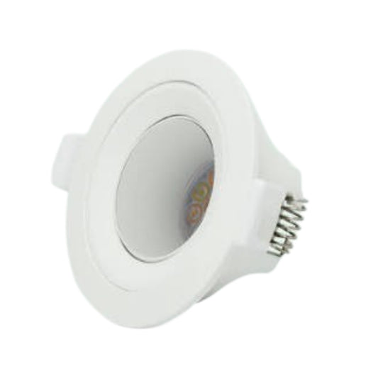 A white recessed LED downlight fixture with a circular face, a visible internal LED chip, and a spring-loaded metal terminal on the side, shown against a plain white background.