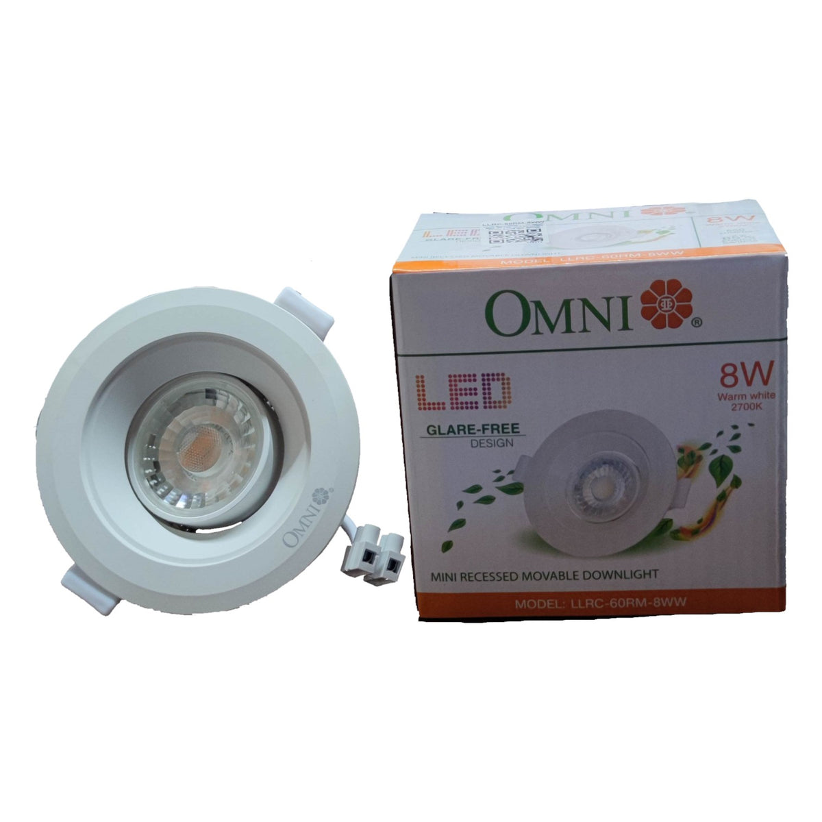 LED downlight with Omni packaging on a white background
