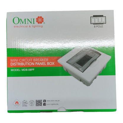 Boxed product for an Omni Electrical & Lighting Mini Circuit Breaker Distribution Panel Box, model MDB-08PP, shown on a plain white background.