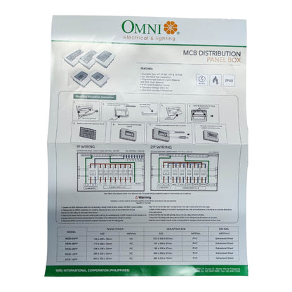An Omni Electrical & Lighting MCB Distribution Panel Box instruction manual page, displaying wiring diagrams, specifications, and technical details.