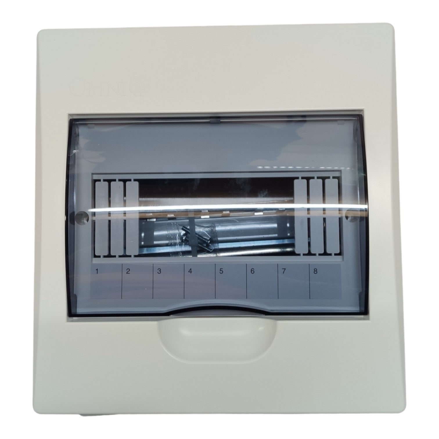 A white electrical distribution board or fuse box with a transparent front cover showing internal fuses, photographed against a plain white background.