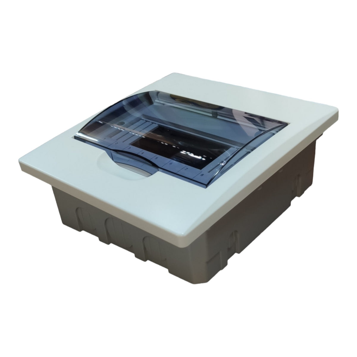 A square utility sink or drain cover with a white top lid, a dark gray plastic base, and a translucent dark blue-gray protective cover, shown on a plain white background.