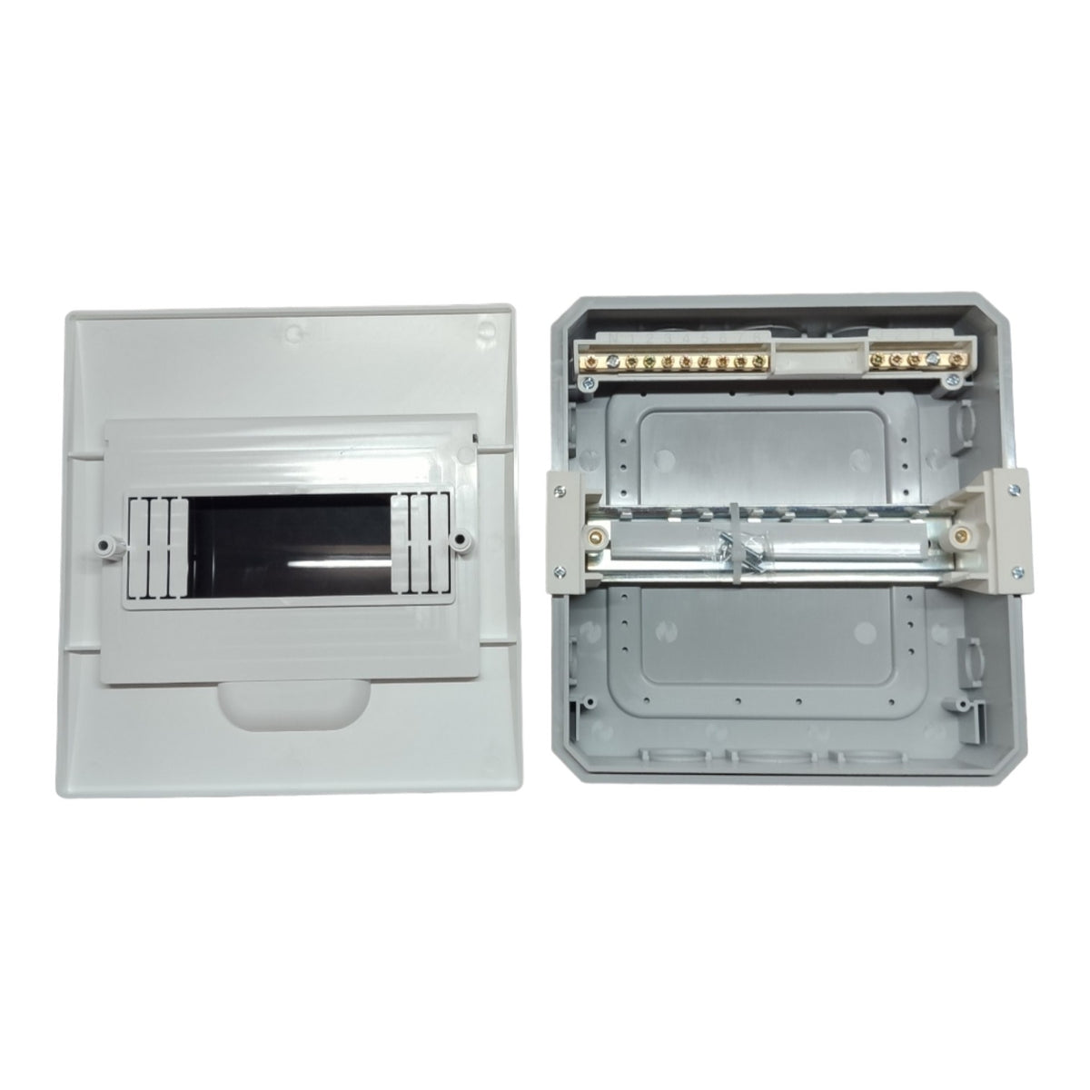 A gray electrical junction box shown in two views: one closed with a front panel and one open revealing internal busbar terminals and mounting hardware, on a plain white background.