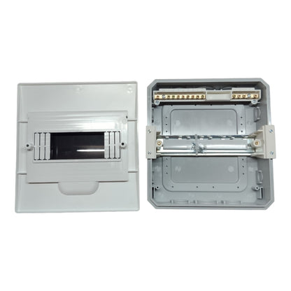 A gray electrical junction box shown in two views: one closed with a front panel and one open revealing internal busbar terminals and mounting hardware, on a plain white background.