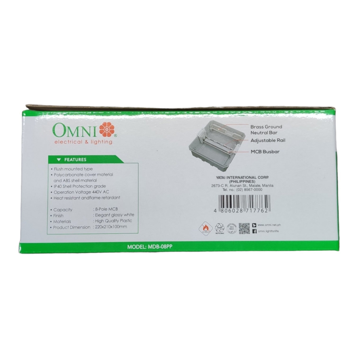 The back of the cardboard packaging box for the Omni Electrical & Lighting MDB-08PP MC4 Push-in neutral bar adapter, featuring product specifications, features, and a product diagram on a white background with green borders.
