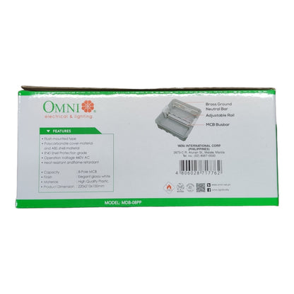 The back of the cardboard packaging box for the Omni Electrical & Lighting MDB-08PP MC4 Push-in neutral bar adapter, featuring product specifications, features, and a product diagram on a white background with green borders.
