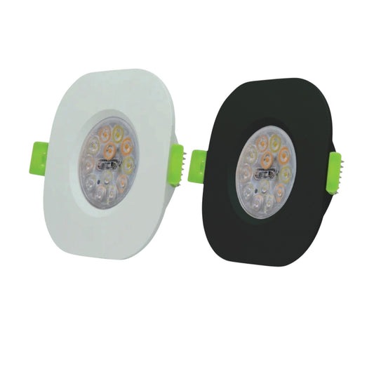 Two round recessed LED light fixtures shown side by side on a plain white background, one in white and one in black, both with bright green side tabs.