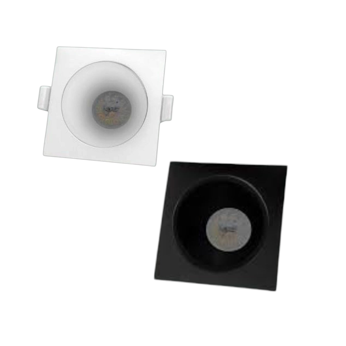 Two square recessed LED downlights shown on a plain white background, one in white and one in black.