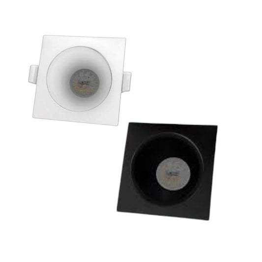 Two square recessed LED downlights shown on a plain white background, one in white and one in black.