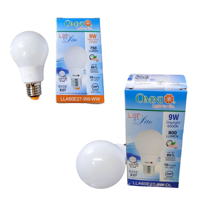 Two Omni LED light bulbs shown with their retail packaging boxes on a plain white background. One bulb is a frosted A19-style bulb with an E27 screw base, and the other is a larger frosted globe-style bulb also with an E27 base.