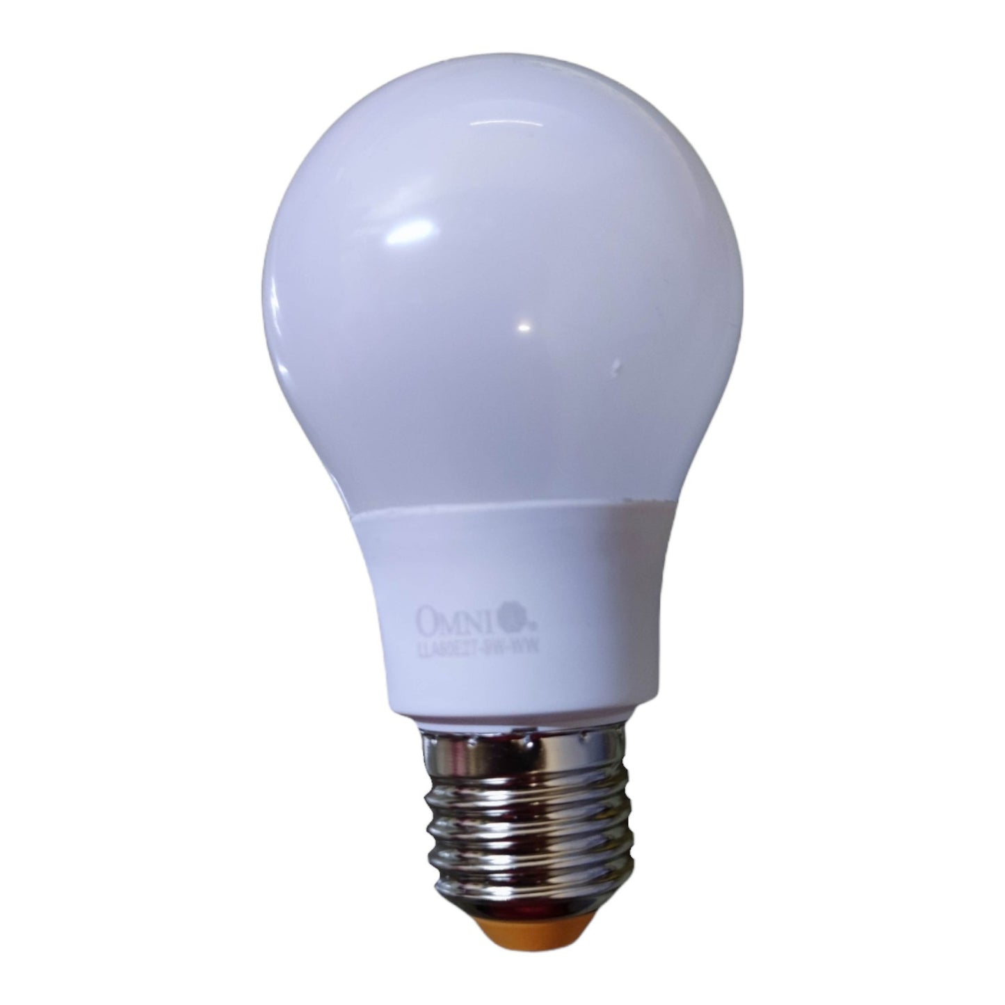 An A19-style LED light bulb with a white frosted glass globe and a silver screw base, featuring the brand name 'OMNI' printed on the white collar.