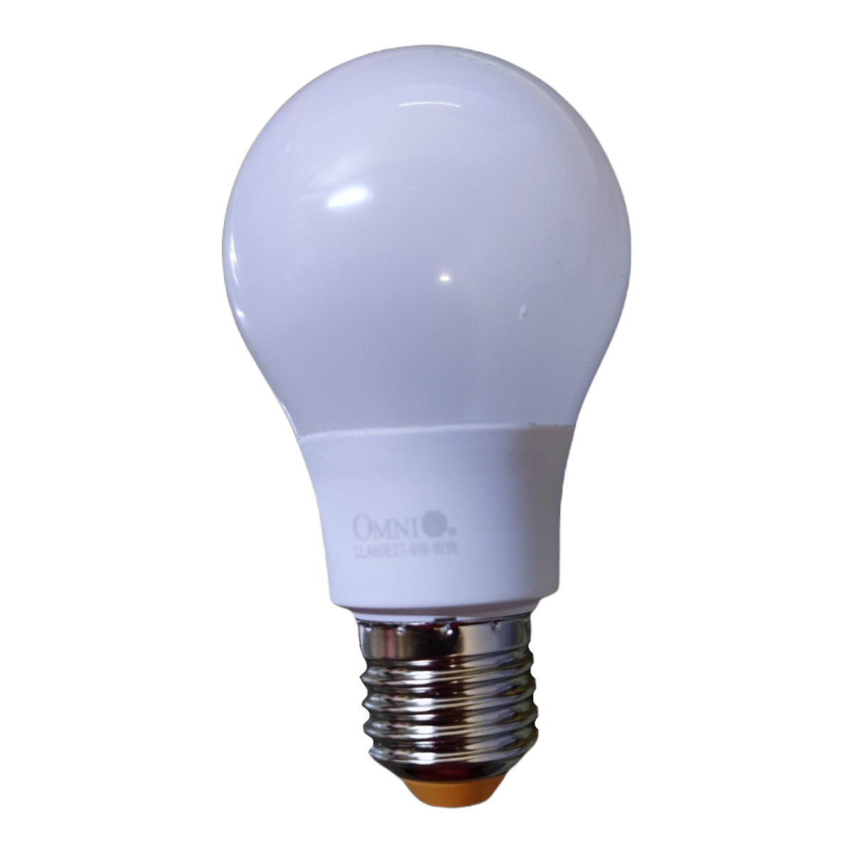 An A19-style LED light bulb with a white frosted glass globe and a silver screw base, featuring the brand name 'OMNI' printed on the white collar.