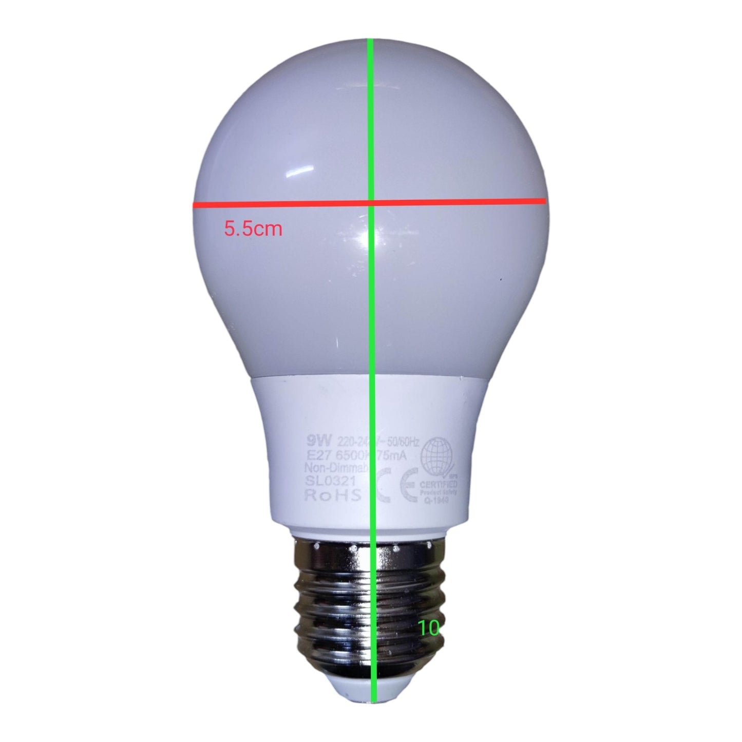 An LED light bulb with dimension overlays showing a 5.5cm diameter across the middle and a 10cm height from the base to the top of the bulb, on a white background.