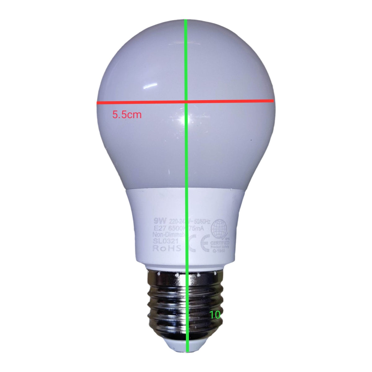 An LED light bulb with dimension overlays showing a 5.5cm diameter across the middle and a 10cm height from the base to the top of the bulb, on a white background.
